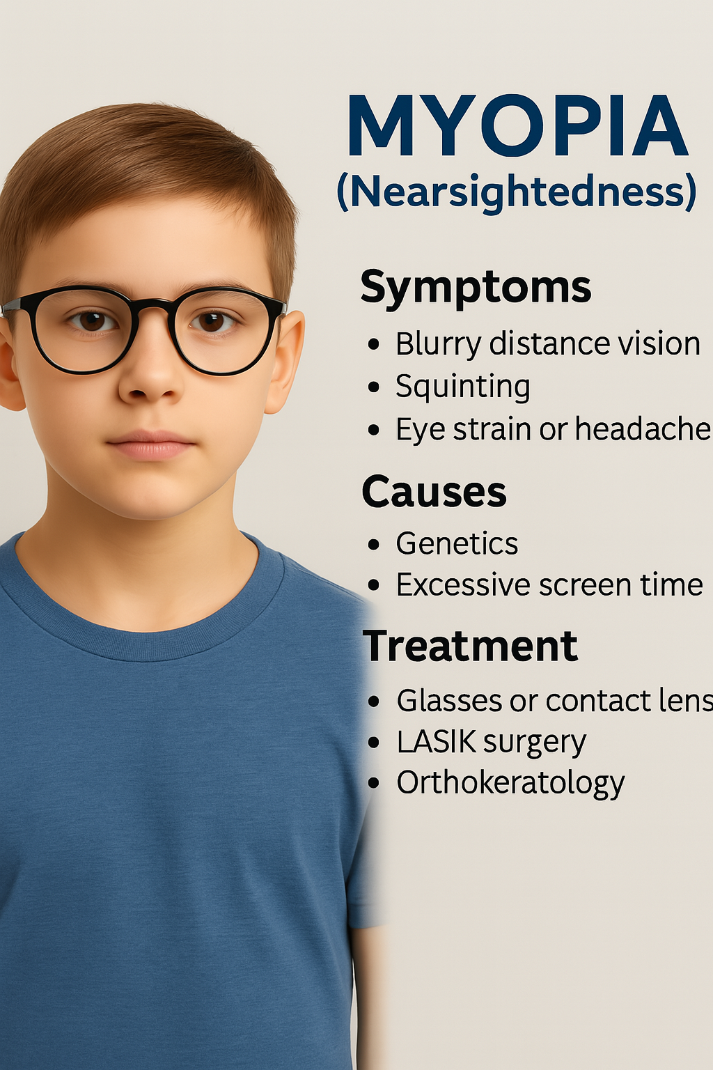 Side-by-side image of a young boy wearing round glasses and an infographic titled “MYOPIA (Nearsightedness)” listing symptoms (blurry distance vision, squinting, eye strain or headaches), causes (genetics, excessive screen time), and treatments (glasses or contact lenses, LASIK surgery, orthokeratology)