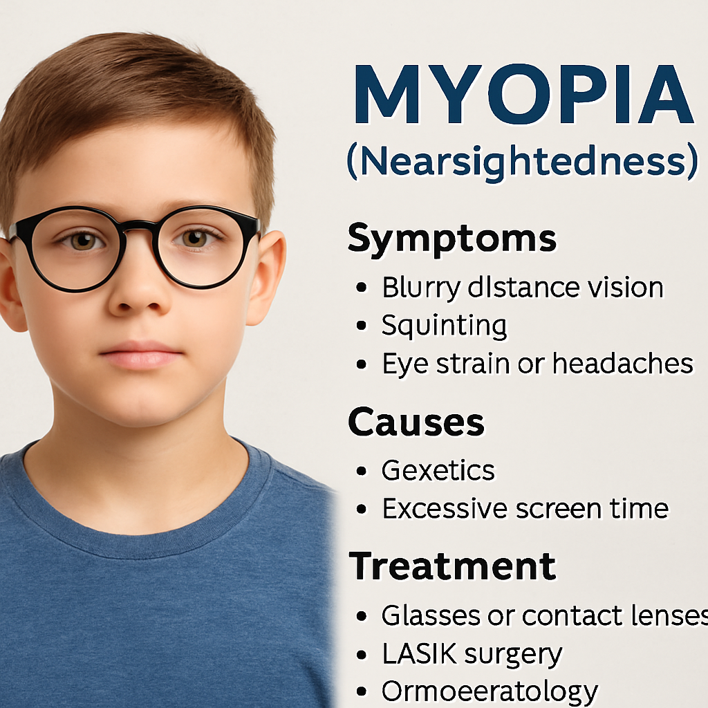 “Young boy wearing glasses for myopia, also known as nearsightedness. Educational graphic highlights symptoms, causes, and treatment options for myopia in children