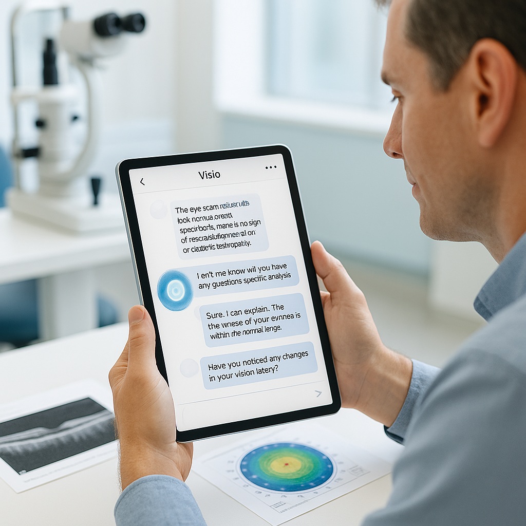 Patient using WebEyeClinic Visio to ask the eye doctor online, reviewing eye scan results and getting guidance about urgent symptoms.