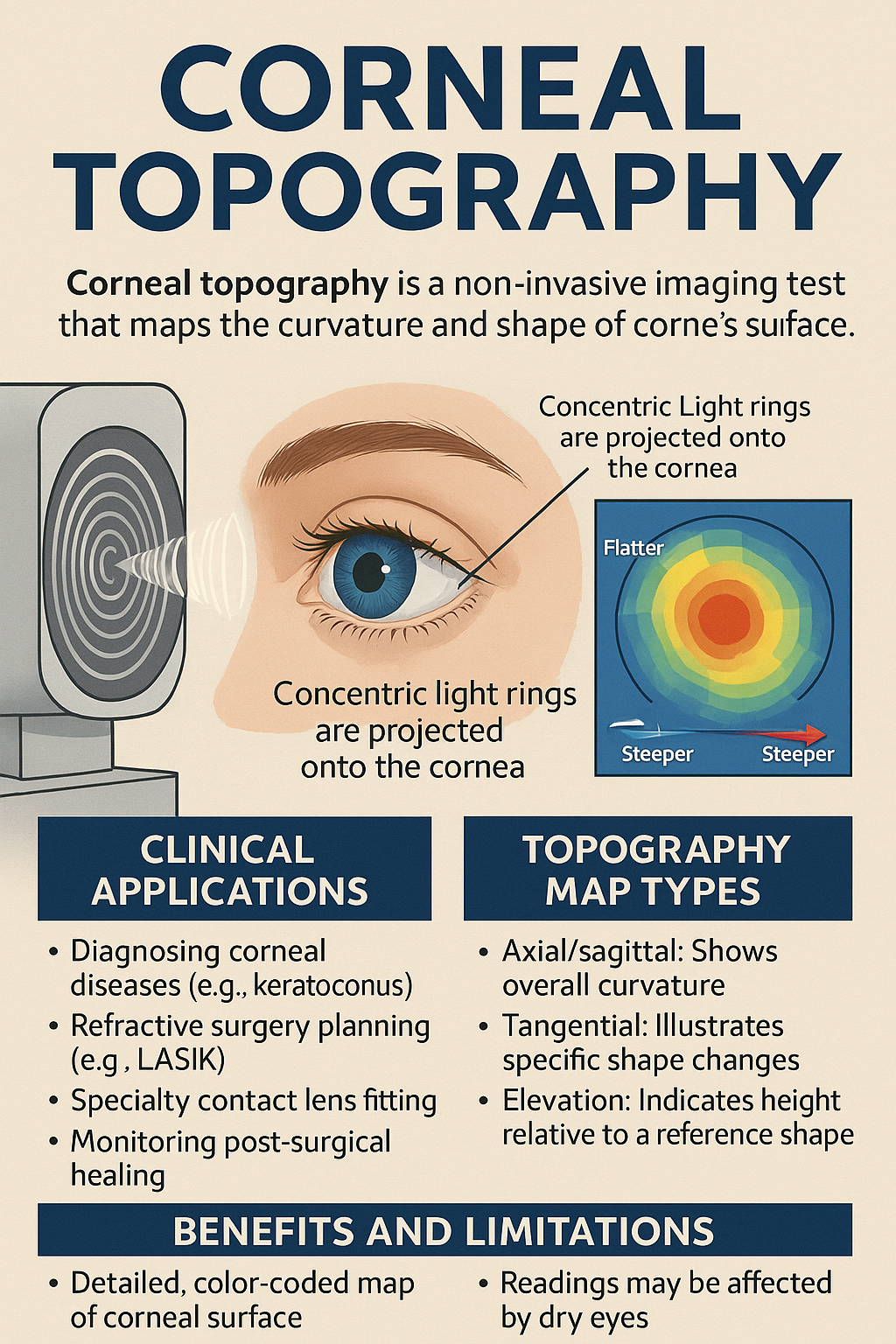 Educational infographic illustrating corneal topography procedure, map types, clinical applications, and benefits & limitations with color-coded corneal maps and schematics