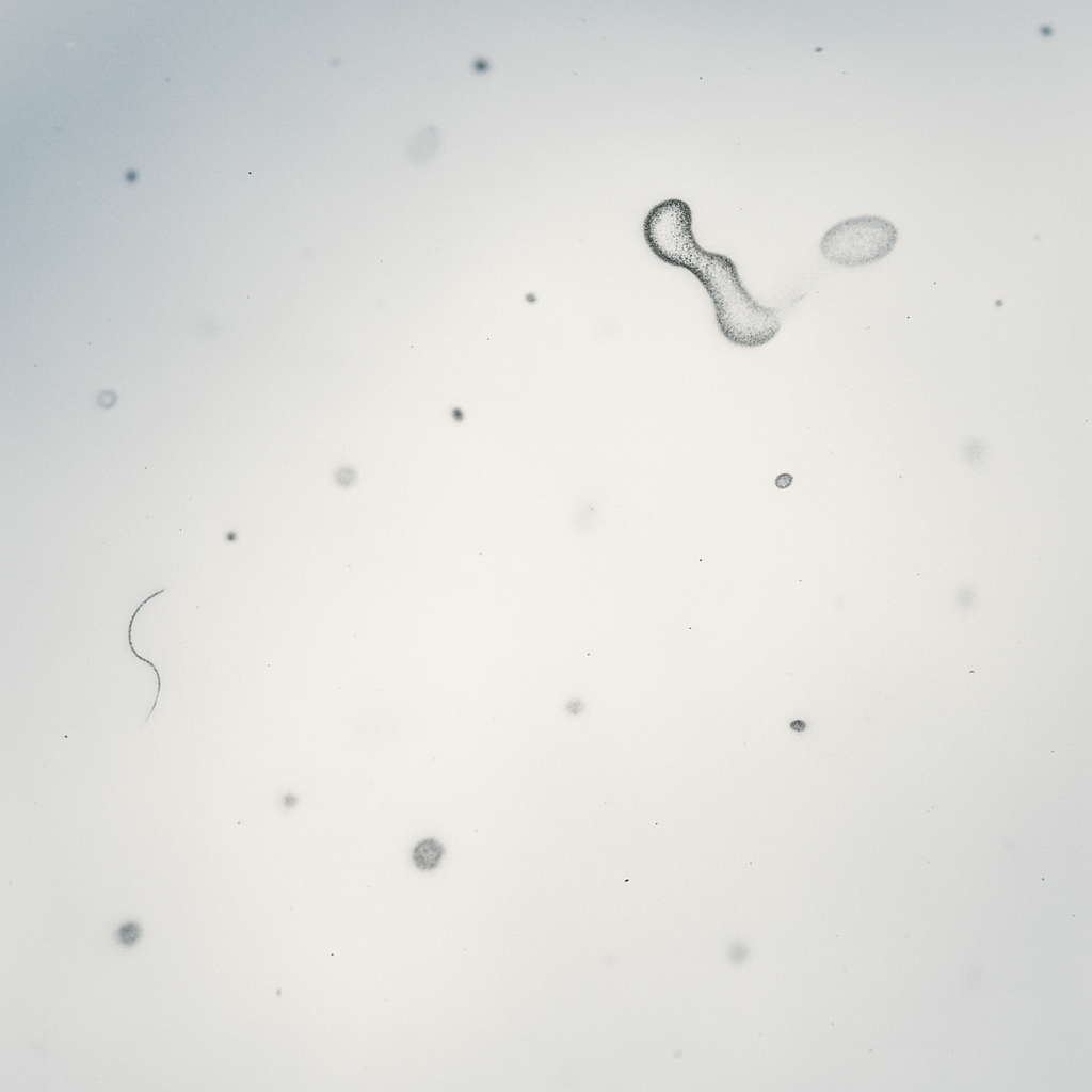 Simulation of how a person sees eye floaters, showing small dark shapes and threads drifting over a bright background.
