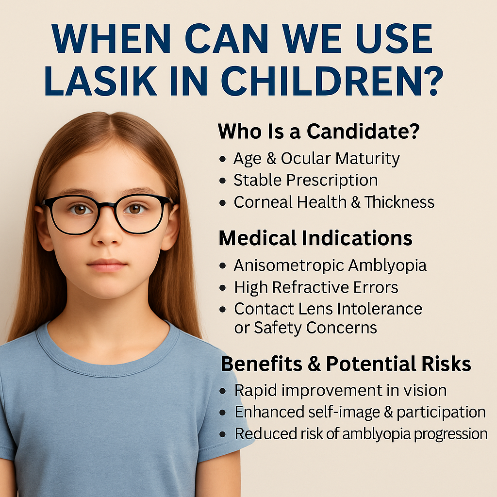 Educational infographic titled "When Can We Use LASIK in Children?" featuring a young girl in glasses, with bullet points listing LASIK candidacy, medical indications, and benefits and risks on a beige background