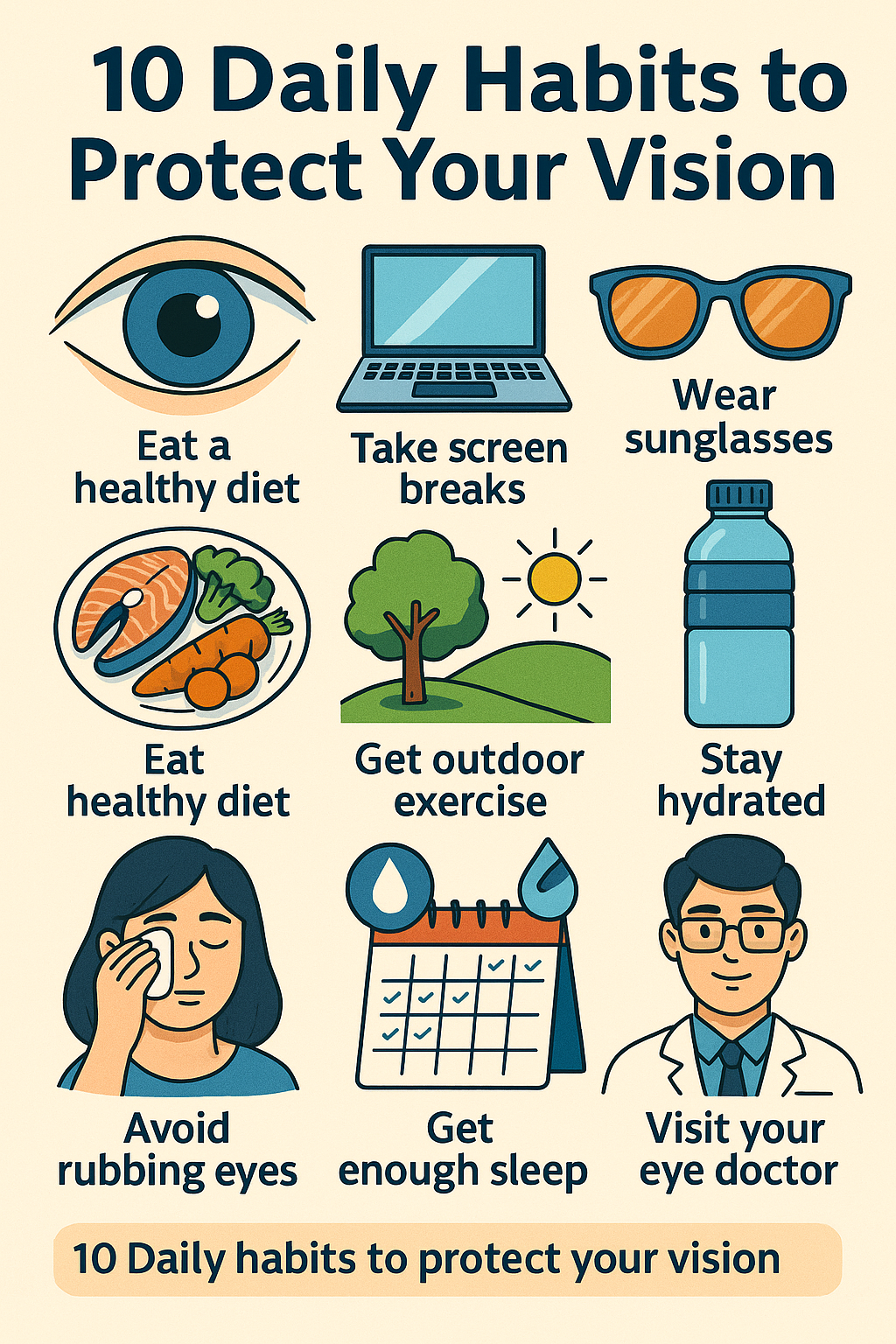 Infographic illustrating 10 daily habits to protect your vision, including screen breaks, sunglasses, diet, and exercise