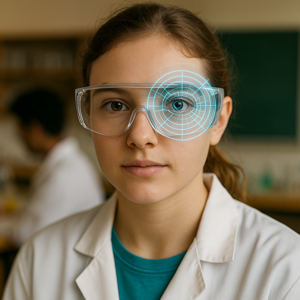 Female student in a school laboratory wearing safety goggles with a digital overlay, illustrating eye protection for contact lens wearers