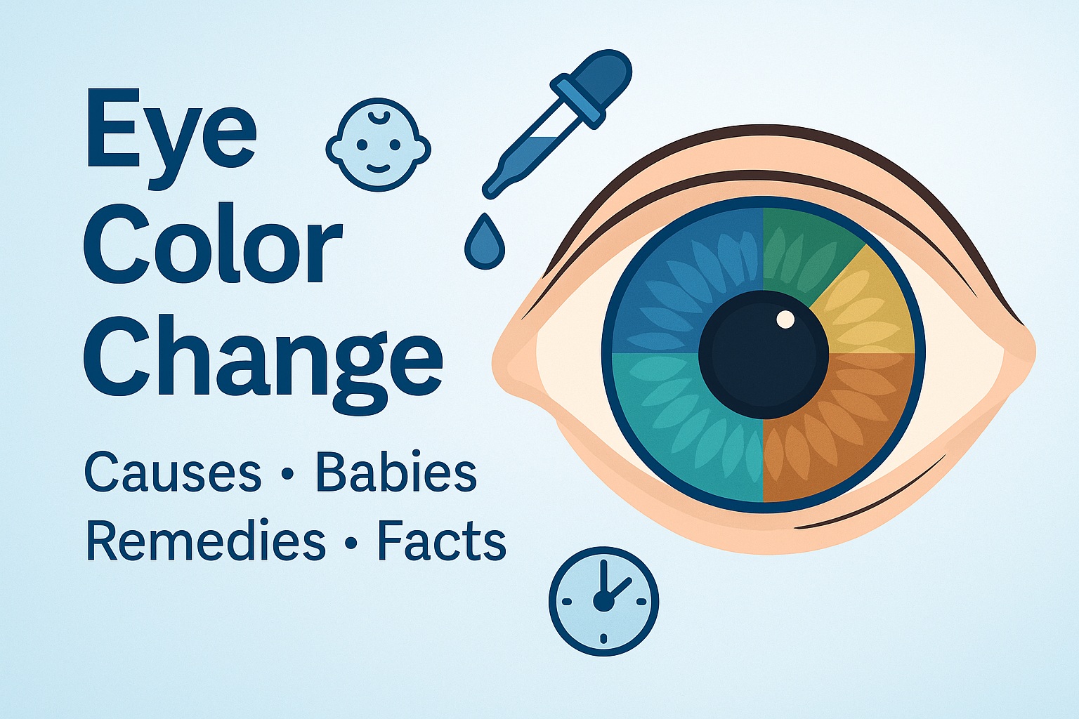 Educational infographic showing an eye with iris sections in blue, green, hazel, and brown, symbolizing eye color change, with icons of a baby, dropper, and clock.