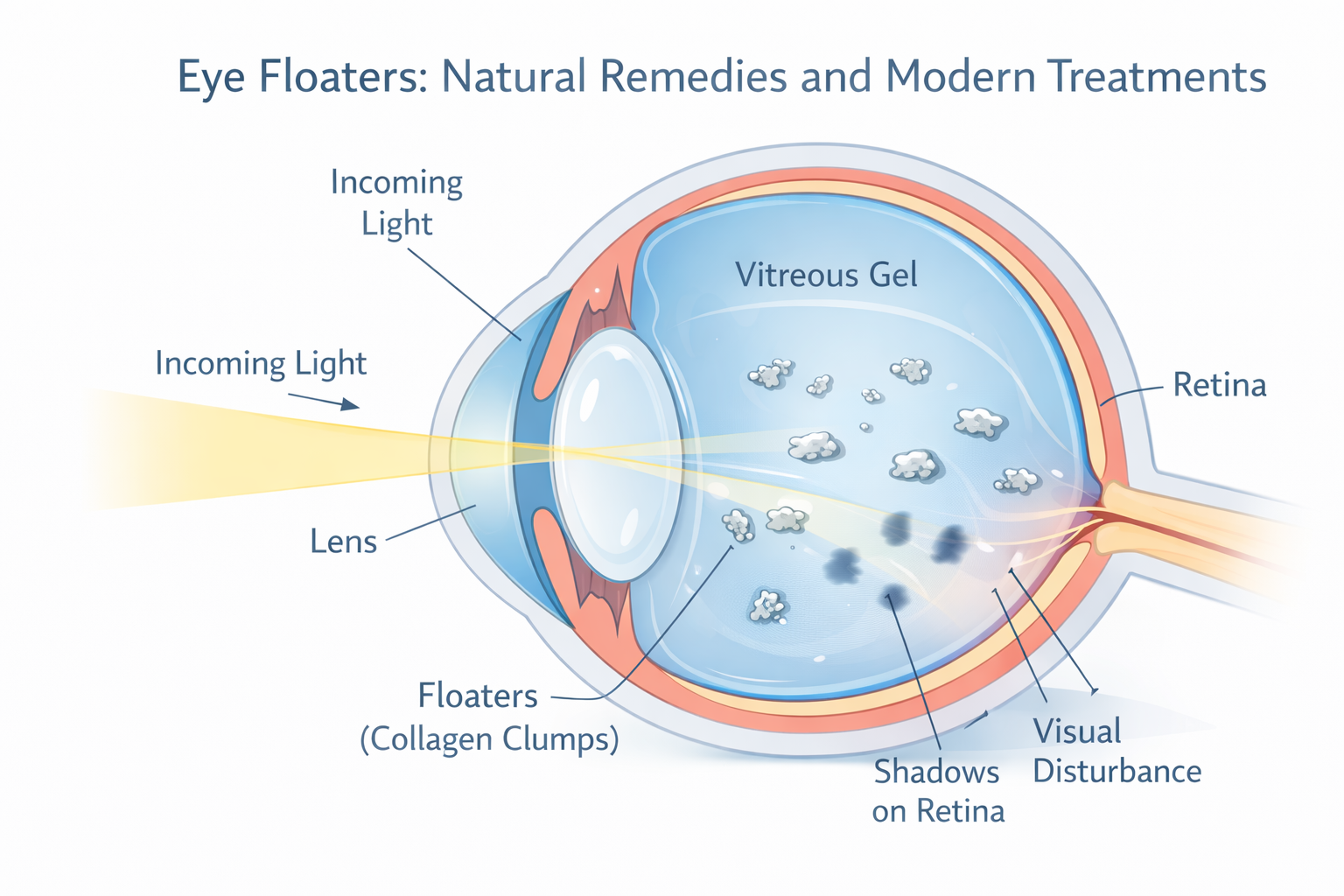 Medical illustration explaining eye floaters and how they form in the eye as part of eye floaters natural remedies and modern treatments guide.