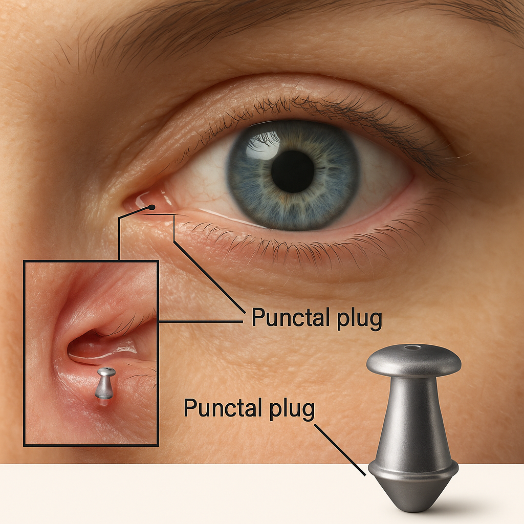 Close-up medical illustration of a human eye with a punctal plug inserted into the tear duct, shown with an inset highlighting the plug placement.