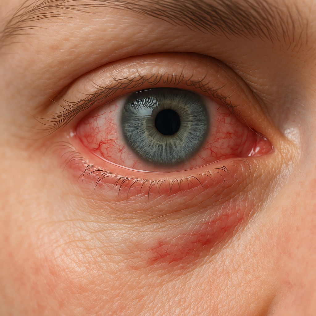 Close-up of a human eye with visible red veins, illustrating eye irritation and redness treatment