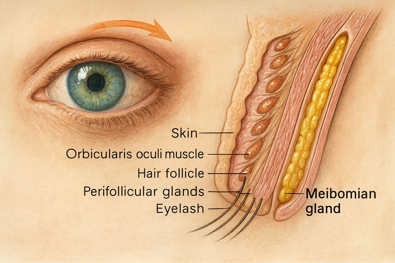 Realistic medical illustration of a human eye with eyelid anatomy showing meibomian glands, their location inside the tarsal plate, and gland openings along the eyelid margin