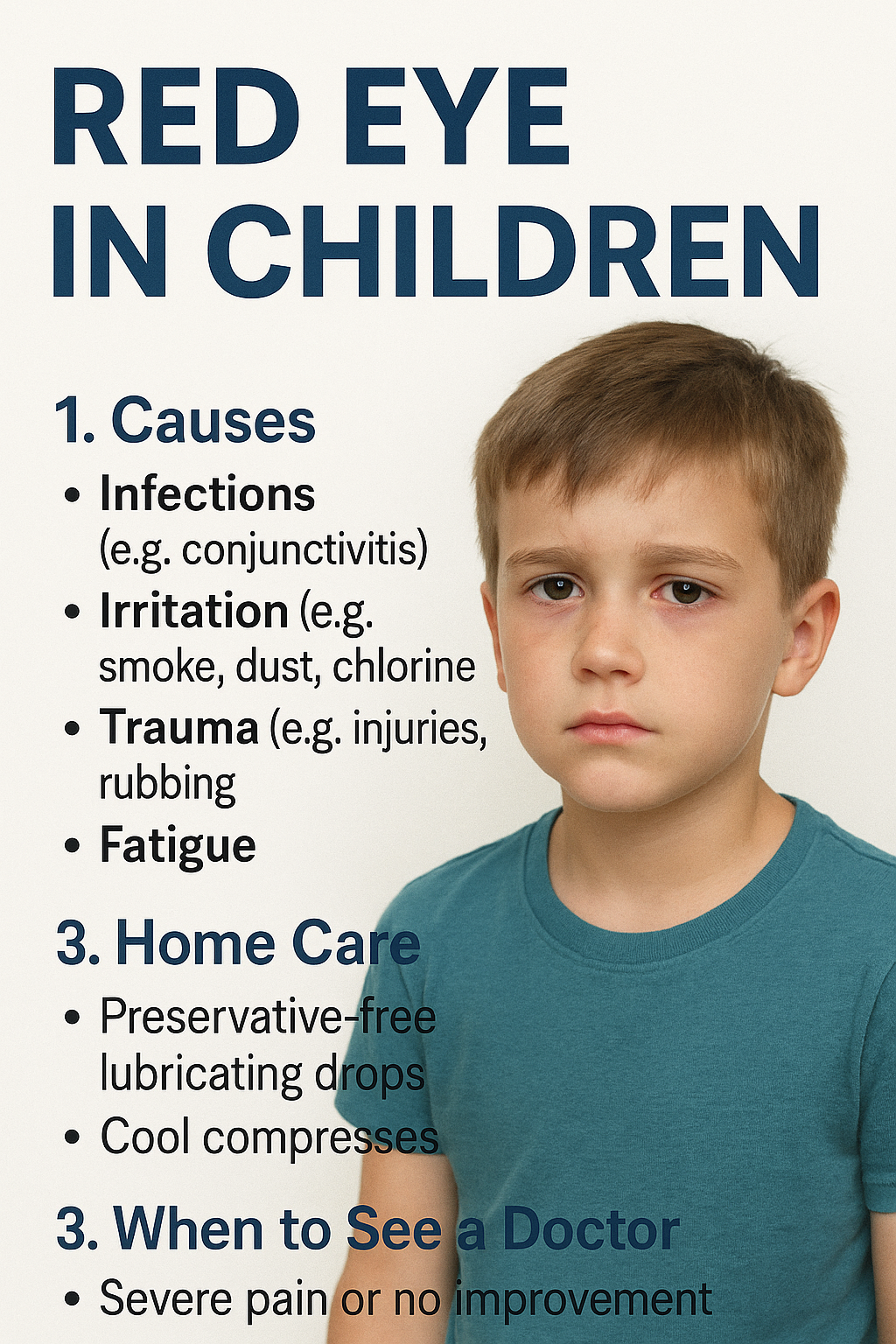 Concerned young boy with visible red eye, alongside a parent’s guide to causes, home care, and when to see a doctor