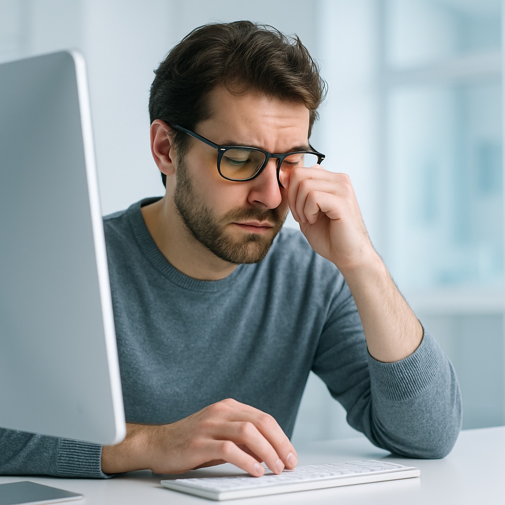 Person wearing blue light glasses at a computer, rubbing tired eyes from screen use, representing digital eye strain