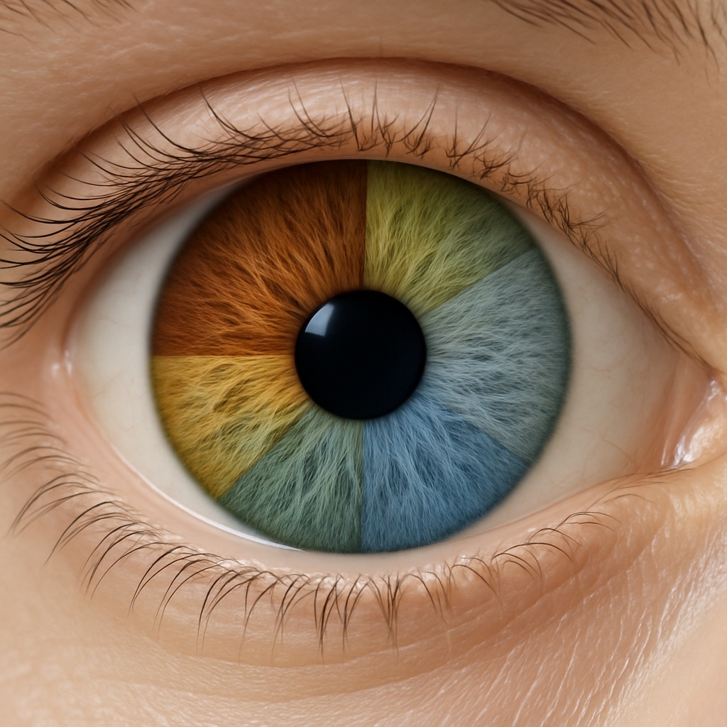 Close-up iris showing different natural eye colors in segments, including brown, hazel, green, gray, and blue, to illustrate cosmetic eye color change options.