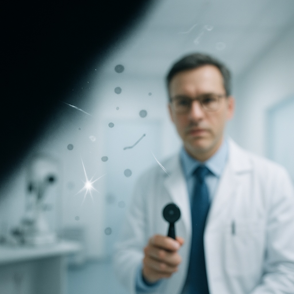 View through one eye showing a dark curtain and new floaters with an eye doctor in a bright exam room, representing urgent eye emergency symptoms.