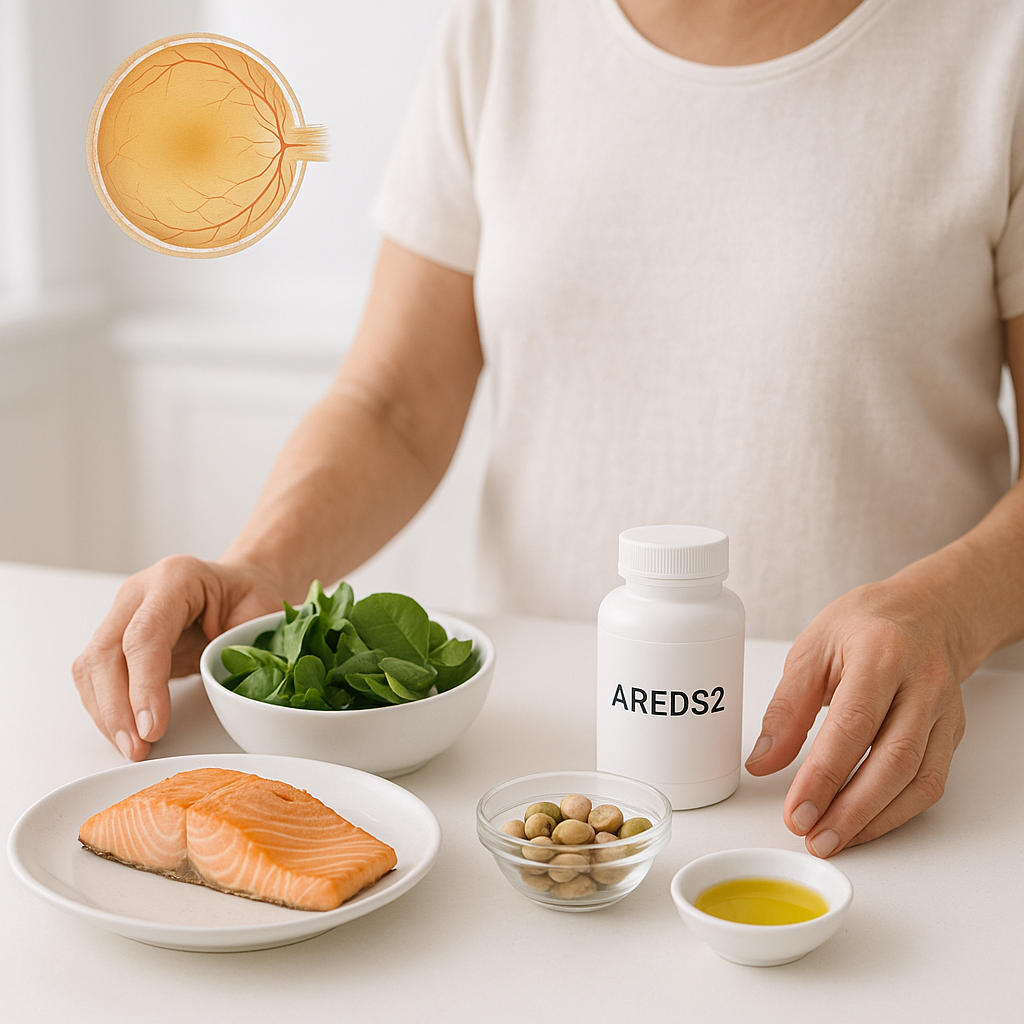Slow macular degeneration naturally with Mediterranean-style foods, pistachios, and AREDS2 eye vitamins shown on a table, with a glowing retina overlay to represent protecting vision.