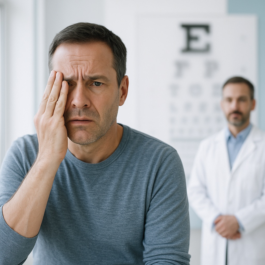 Patient covering one eye in an eye clinic, struggling to read the blurry eye chart with the other eye, suggesting sudden blurry vision in one eye.