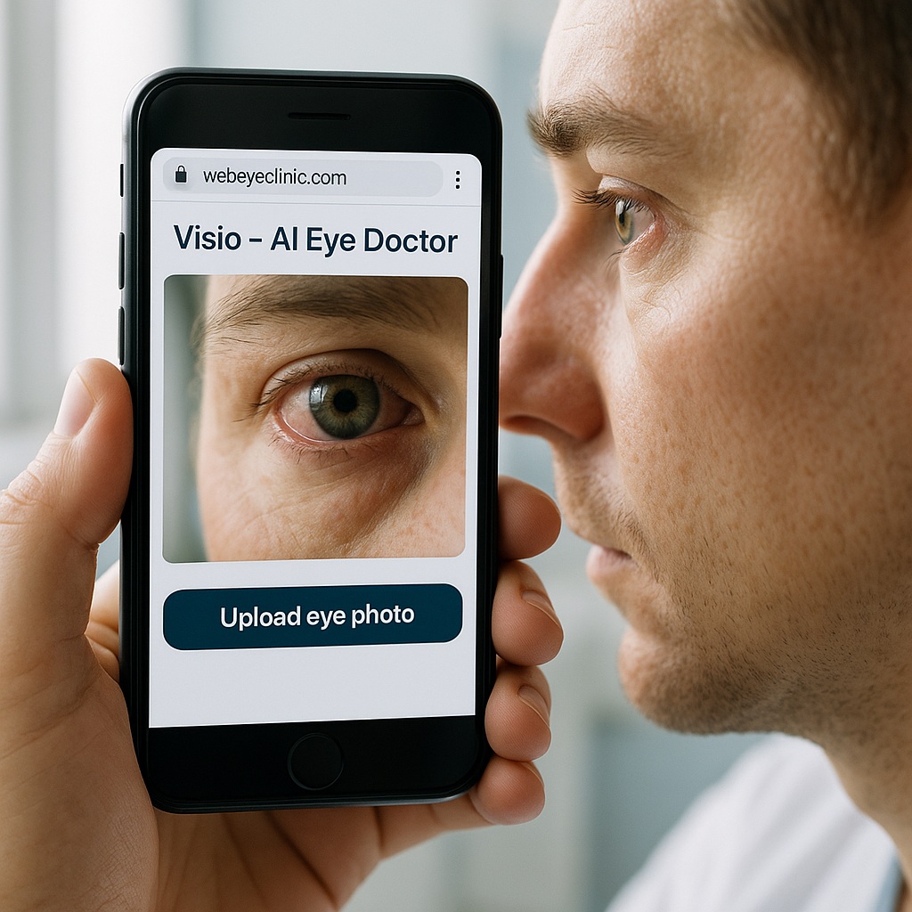 Person using a smartphone to photograph a red eye, with webeyeclinic.com and the Visio AI eye doctor interface visible on the screen