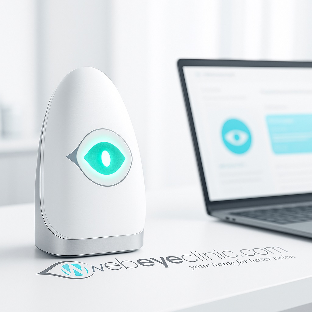 Sleek 3D-rendered “Visio” medical AI assistant for ophthalmology on a clean white desk beside a laptop showing an eye-care dashboard, in a bright clinical workspace.