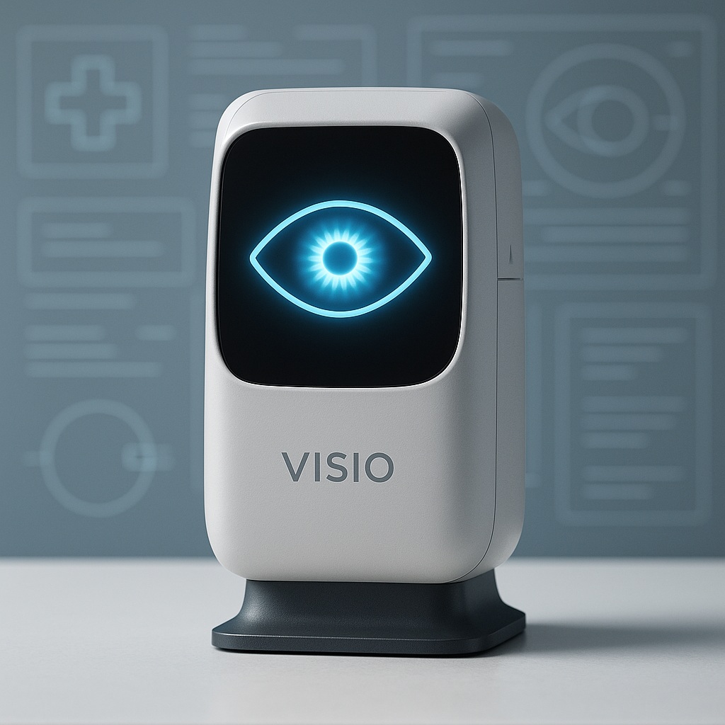 Photorealistic image of a sleek white-and-silver AI device named Visio on a clean clinical surface, with blurred ophthalmology interface elements in the background.
