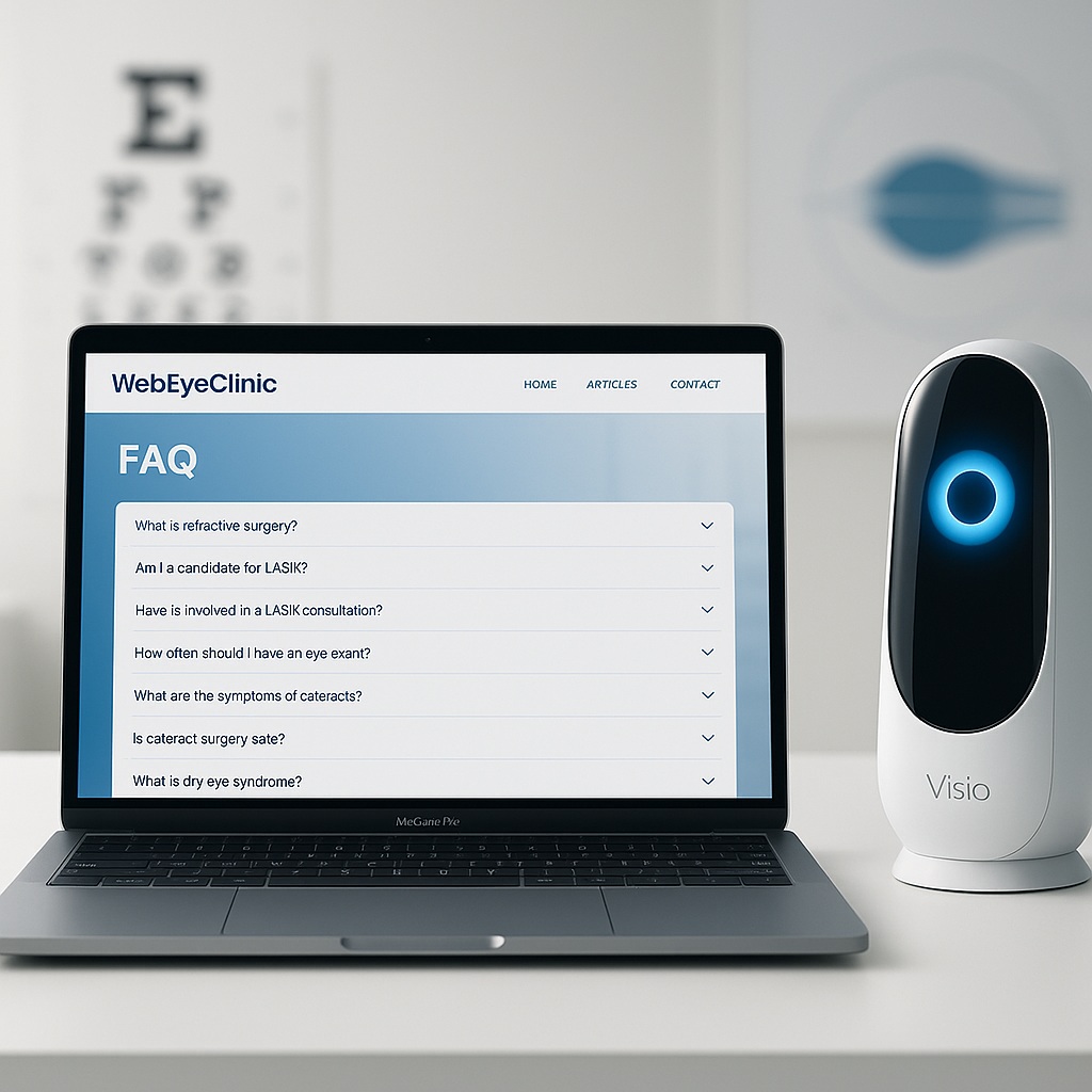 Realistic image of a laptop displaying the WebEyeClinic FAQ page on a white medical desk next to a sleek Visio AI assistant device, with subtle ophthalmology elements in the background.