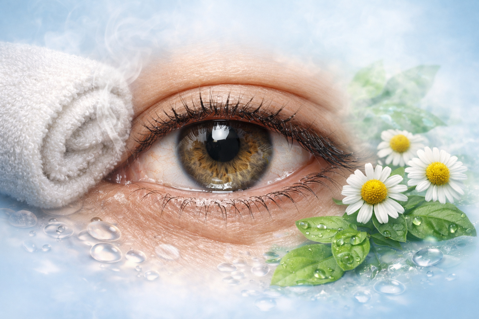 Close-up of a human eye with a warm towel compress, water droplets, green leaves, and chamomile flowers representing natural dry eye relief