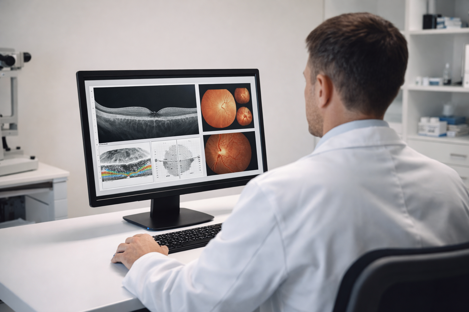 Doctor reviewing OCT scan and retina images on a computer screen in an ophthalmology clinic.