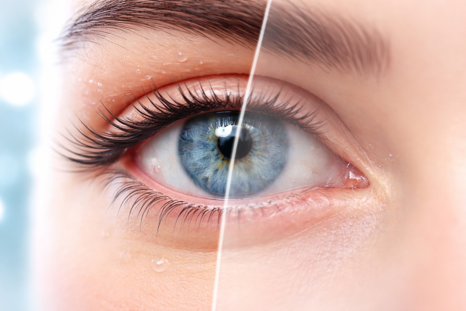 Close-up medical illustration of a human eye showing dry eye with unstable tear film and split vision effect, with one side clear and the other blurred