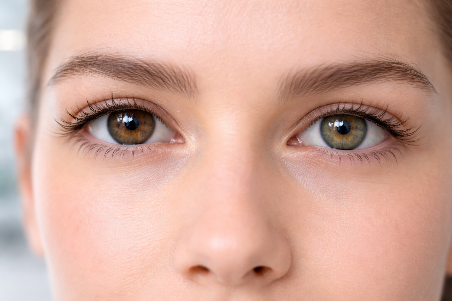 Close-up of a person with one brown eye and one blue-green eye, shown in a realistic medical-style comparison image about eye colour change