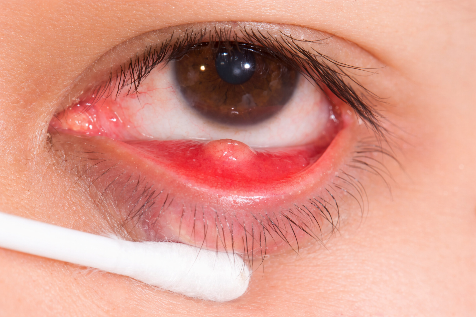 Close-up of a chalazion on the lower eyelid showing a red swollen bump caused by a blocked meibomian oil gland.