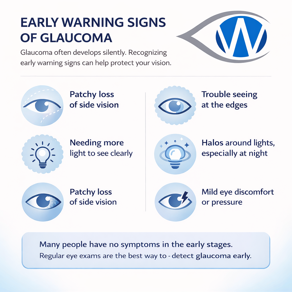 WebEyeClinic infographic showing early warning signs of glaucoma, including patchy side vision loss, trouble seeing at the edges, needing more light, halos around lights, and mild eye discomfort or pressure.