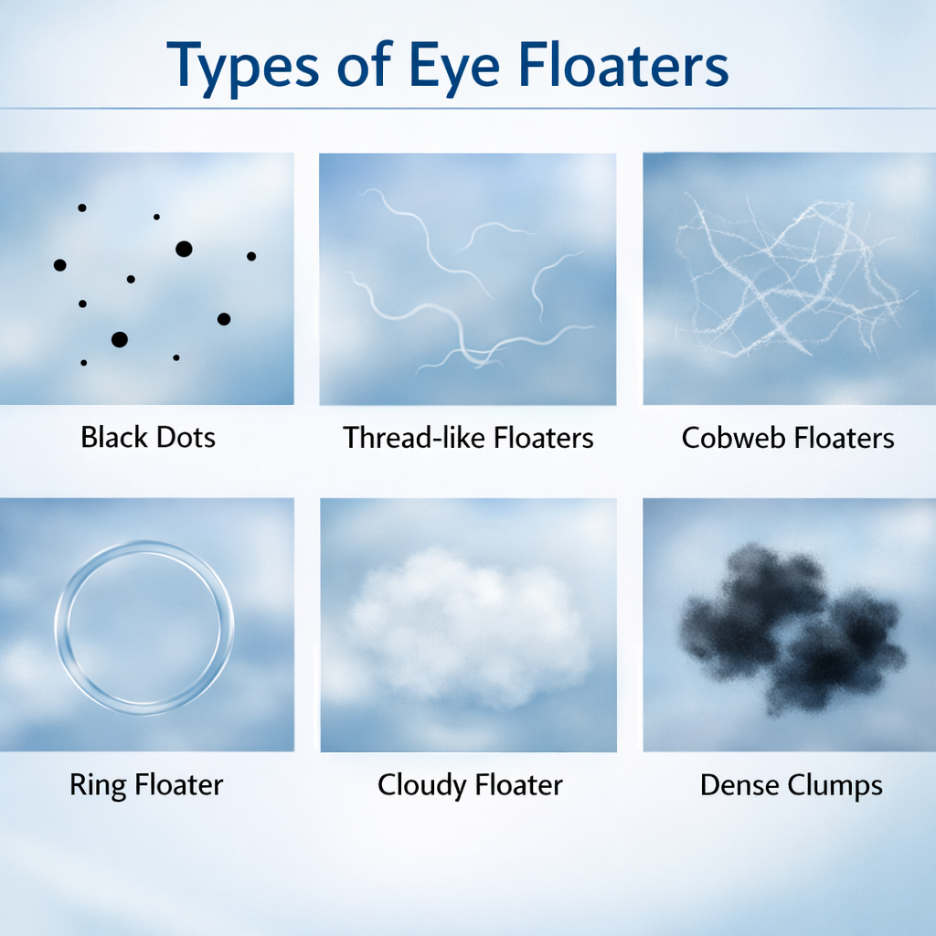 Medical infographic showing different types of eye floaters, including black dots, thread-like strands, cobweb floaters, ring floaters, cloudy floaters, and dense clumps, each labeled for easy identification.