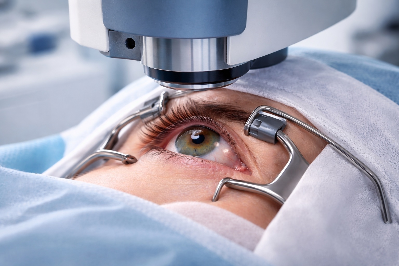 Close-up of a patient’s eye during LASIK surgery, held open with a speculum beneath an excimer laser in a sterile ophthalmology setting.