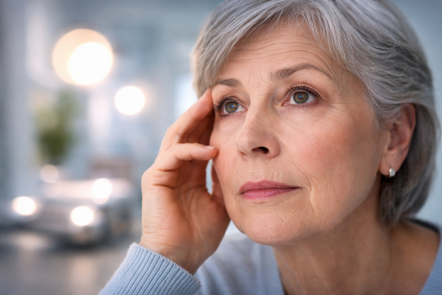 Older adult with subtle blurred vision and glare from lights, illustrating early signs of cataract in a realistic medical-style setting.