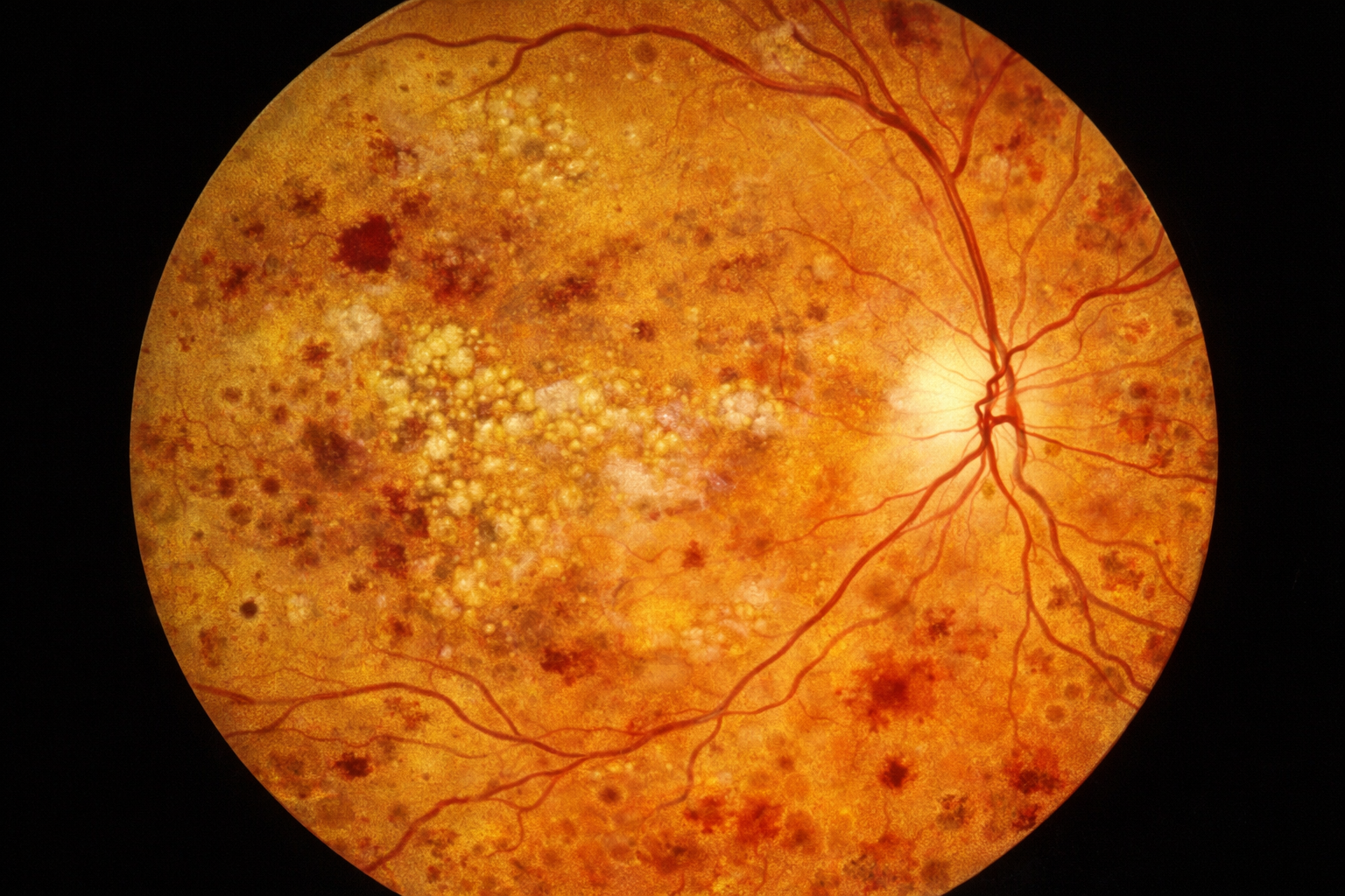 Retinal scan image showing diabetic retinopathy with multiple retinal hemorrhages, yellow hard exudates, and damaged blood vessels around the optic disc