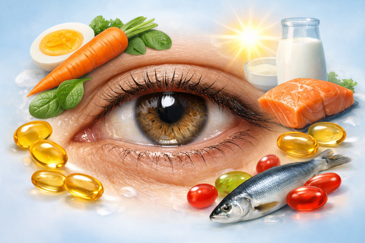Close-up of a human eye surrounded by vitamin-rich foods and supplements linked to dry eyes, including carrots, spinach, eggs, salmon, milk, and omega-3 capsules.