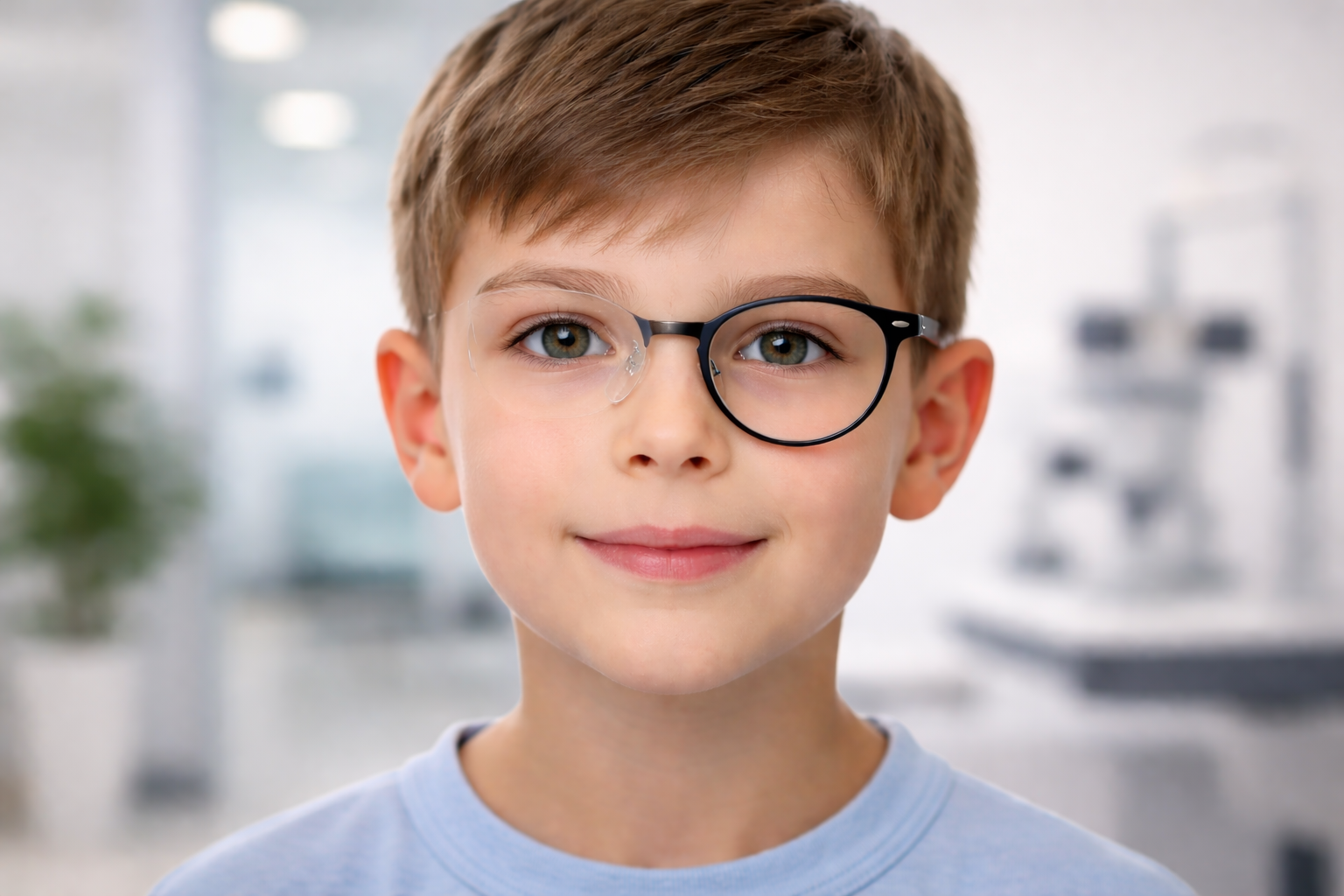 Child in a paediatric eye clinic with one eye corrected by a contact lens and the other eye seen behind a single spectacle lens, illustrating amblyopia vision correction.