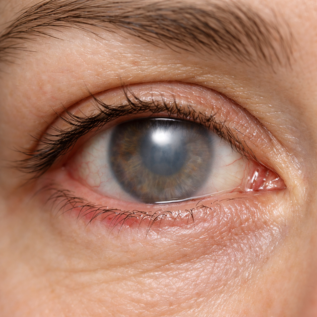 Close-up of a healing eye after cataract surgery, showing mild redness, watery shine, and a slightly hazy cornea that reflects blurred vision during recovery